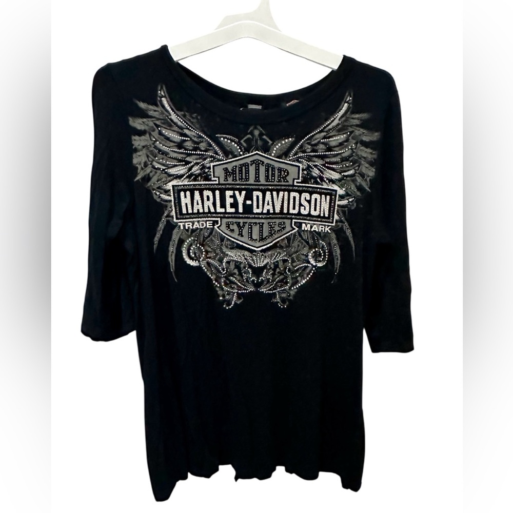 HARLEY DAVIDSON Rhinestone lace up shirt size XL scoop neck 3/4 sleeve black